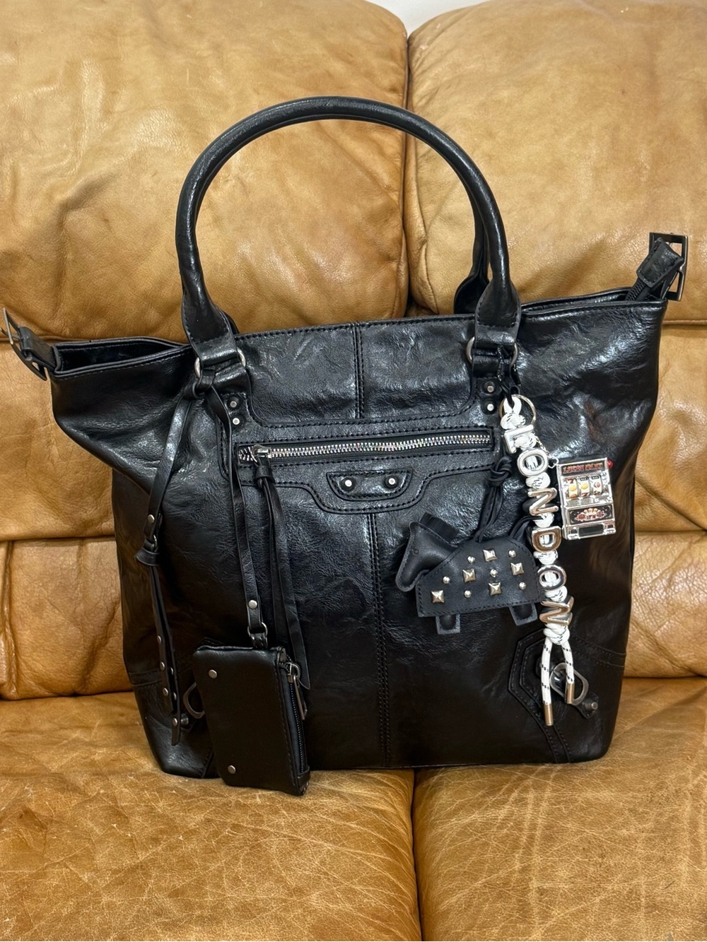 Black Moto Citi Leather Tote Bag